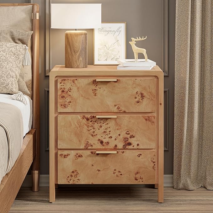 COZAYH Set of 2 Burl Finish 3 Drawer Nightstand, Wood Rustic Farmhouse Dresser, Vintage Accent Storage Bedside Table for Bedroom Entryway, Fully Assembled, Natural