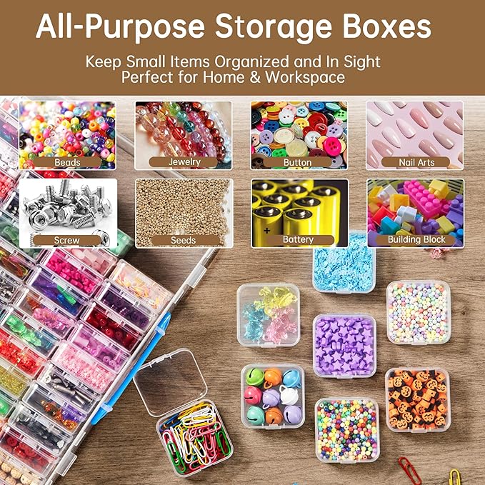 Bead Organizer Box with Handle, 61Pcs Small Bead Storage Boxes with Hinged Lid and Portable Craft Case, Mini Clear Plastic Container for Jewelry Making Supplies Bracelet Screws Seeds Nails Small Parts