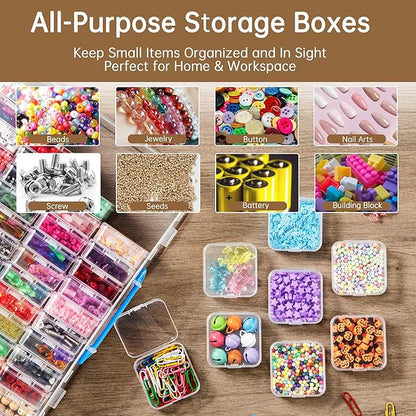 Bead Organizer Box with Handle, 61Pcs Small Bead Storage Boxes with Hinged Lid and Portable Craft Case, Mini Clear Plastic Container for Jewelry Making Supplies Bracelet Screws Seeds Nails Small Parts