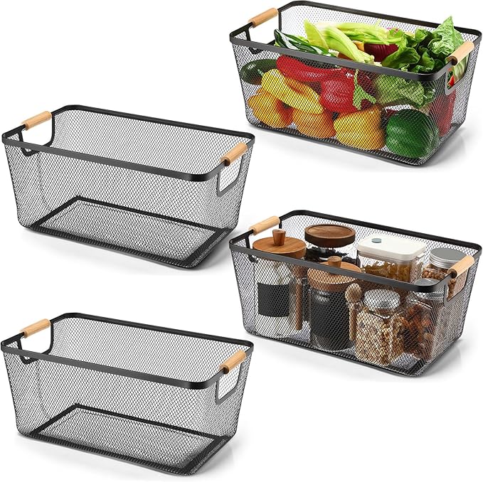 4 Pcs Metal Wire Basket with Wooden Handles Mesh Steel Storage Organizer Bin Containers for Home Cabinet Pantry Closet Kitchen Fridge Fruit Makeup Snacks Gifts (Extra Large,Black)