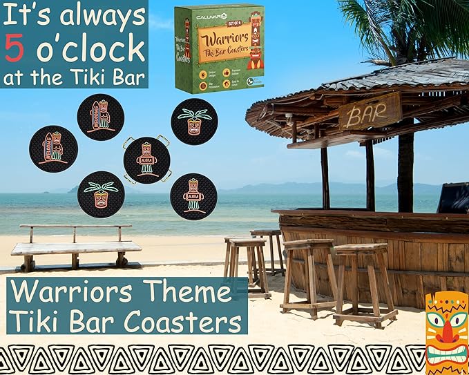 Tiki Bar Warriors Coasters Set of 6 with Holder, Bar Decor Silicone Coasters with Welcome, Aloha and Warrior, Luau and Hawaiian Decor Black Coaster, Outdoor Tiki Rubber Decorations