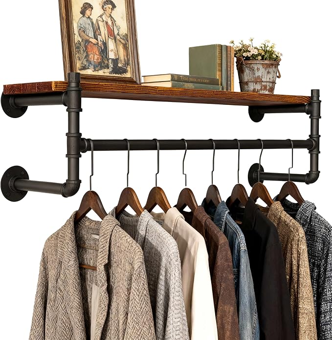 WEBI Wall Mounted Clothes Rack with Shelf,36" Industrial Pipe Clothing Rack with Shelf with Hanging Rod,Heavy Duty Iron Garment Rack Bar,Retail Display Clothes Rod for Laundry Room,Closet,Black