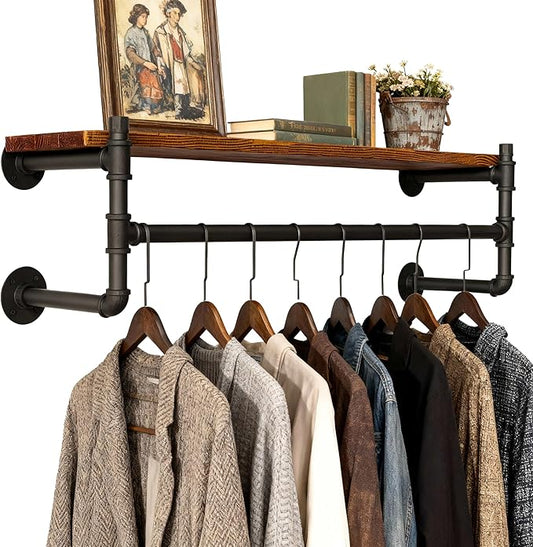 WEBI Wall Mounted Clothes Rack with Shelf,36" Industrial Pipe Clothing Rack with Shelf with Hanging Rod,Heavy Duty Iron Garment Rack Bar,Retail Display Clothes Rod for Laundry Room,Closet,Black