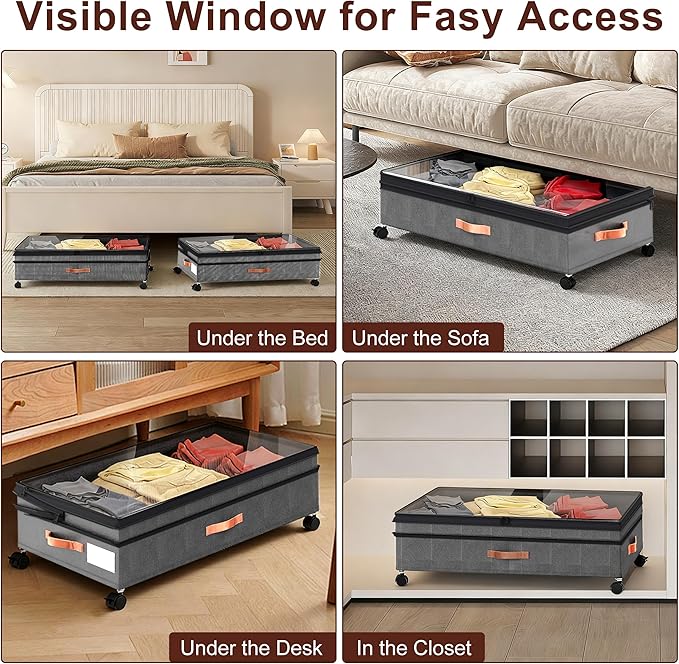 VXEAPADE 2 Pack 70L XXL Under Bed Storage with Wheels - Extra Large UnderBed Storage Containers with Clear Lid & Label, Rolling Storage Bins for Clothes, Shoes, Blankets - Grey