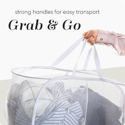 Foldable Laundry Basket - Popup and Collapsible, Durable Mesh Material, Folds for Storage, Easy Carry Handles - Great Hamper for College Dorm, Laundry Room or Travel (White, 2-Compartments)