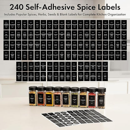 Square Spice Jars with Black Bamboo Wooden Lid (Pack of 24) Spice Jars with Shaker Insert and 240 Labels - Bamboo Lid Glass Container for Spice Organisation [4.3 in × 1.8 in]