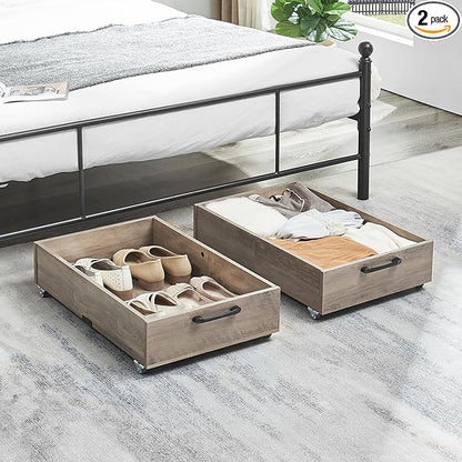 TIOPGHAD Under Bed Storage with Wheels, 2-Pack Under Bed Shoe Storage Organizer Drawer, Composite Wood Organizer for Shoes Clothes Containers in Bedroom for Clothes,Shoes(Grey)