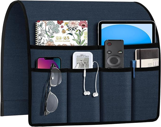 Joywell Remote Holder for Recliner Armchair Caddy Couch Armrest Non Slip Sofa Arm Chair Caddie with 6 Pocket for Magazine, Tablet, Phone, iPad, Think Linen, Vintage Blue
