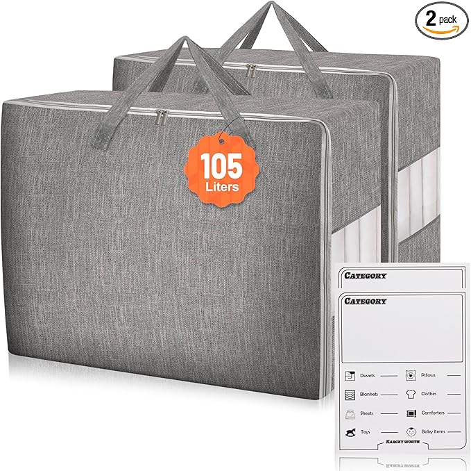 Karceyworth 2 Pack 85L Comforter Storage Bags, Extra Large Bedding Storage Bags with Category Card and Clear Window, Reinforced Handles & Zippers, Foldable Closet Organizers for Blanket Pillow