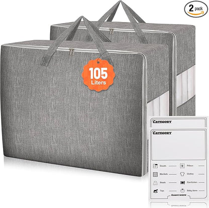 Karceyworth 2 Pack 85L Comforter Storage Bags, Extra Large Bedding Storage Bags with Category Card and Clear Window, Reinforced Handles & Zippers, Foldable Closet Organizers for Blanket Pillow