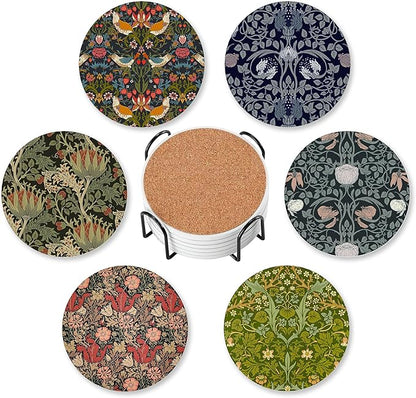 Coasters for Drinks Absorbent with Holder,William Morris Floral Sets of 6 Durable Cup Coaster for Coffee Table Protection,Great Housewarming Birthday Gifts,Home Decor