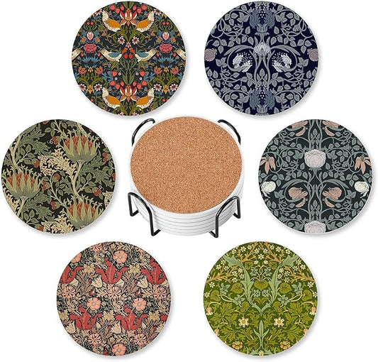 Coasters for Drinks Absorbent with Holder,William Morris Floral Sets of 6 Durable Cup Coaster for Coffee Table Protection,Great Housewarming Birthday Gifts,Home Decor