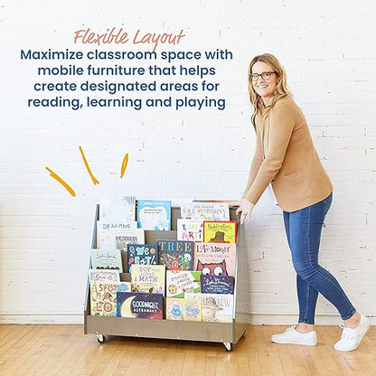 ECR4Kids Double-Sided Wooden Mobile Book Display and Storage, Montessori Furniture, Grey Wash
