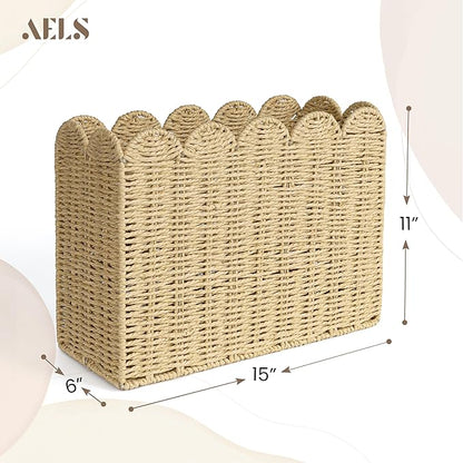 AELS Woven Natural Fibre Magazine Holder, Scalloped Edge Floor Magazine Rack, Hand-woven Organizer, Boho Modern Farmhouse Book Basket, File Newspaper Mail Holder for Office
