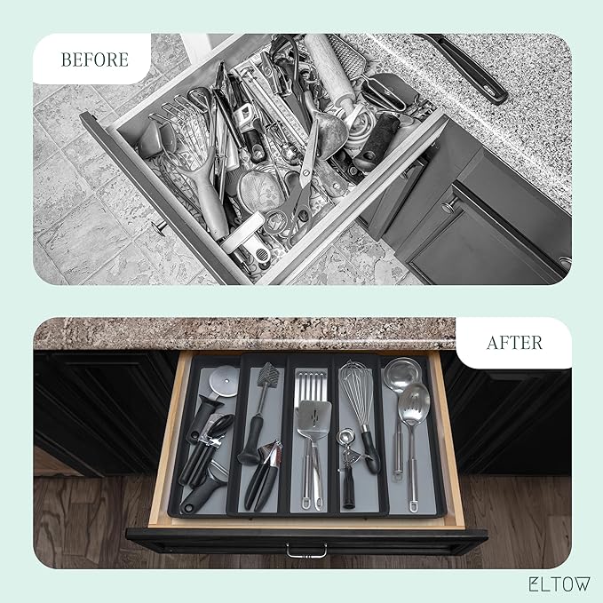 ELTOW Expandable Utensil Drawer Organizer, 5 Compartment Non-Slip & Adjustable Large Utensil Organizer for Kitchen Drawers, Kitchen Organization for Utensils, Flatware Storage Tray (Black)