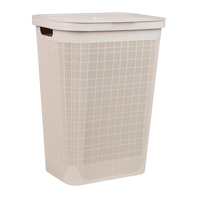 Mind Reader 60L Slim Laundry Hamper, Clothes Basket, Lid, Linen Design, Plastic, Ivory