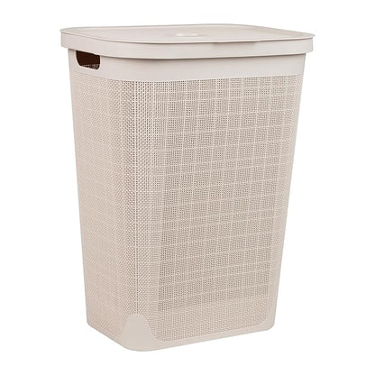 Mind Reader 60L Slim Laundry Hamper, Clothes Basket, Lid, Linen Design, Plastic, Ivory