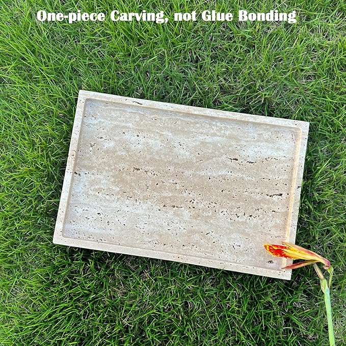 OAIQNUJ Travertine Stone Tray for Coffee Table, 12 x 8 inch Rectangle Marble Vanity Tray for Bathroom Countertop, Decorative Dish for Perfume Jewelry (Beige Travertine)