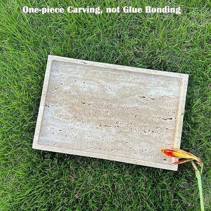 OAIQNUJ Travertine Stone Tray for Coffee Table, 12 x 8 inch Rectangle Marble Vanity Tray for Bathroom Countertop, Decorative Dish for Perfume Jewelry (Beige Travertine)