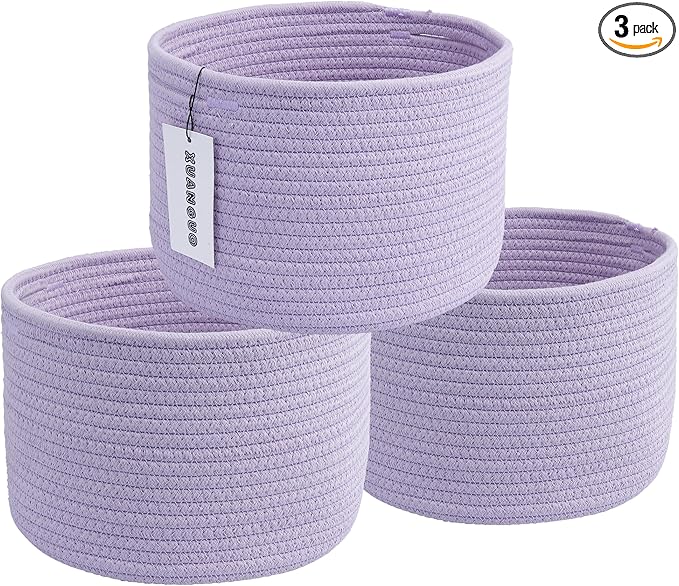 Small round Storage Basket - 3-Pack Round Cube Bins (10x10x7'') for Shelves, Closets & Bookcases | Durable Rope Organizers for Nursery, Baby, Toys, Easter & More (purple)