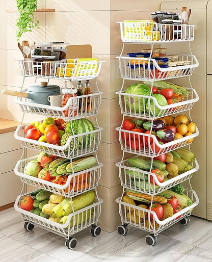 MURRI&MURRDI Fruit Vegetable Storage Basket with Wheels, 6 Tier Stackable Wire Storage Baskets, Tall Standing Produce Kitchen Rack Display, Narrow Rolling Cart for Pantry Onion Potato, White