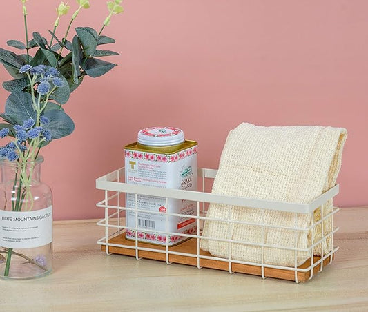 TIEYIPIN Small Metal Wire Storage Basket, Detachable Wood Base Storage Organizer Bin Basket for Kitchen Cabinets, Bathroom, Pantry, Garage, Laundry Room (Cream White, 4 Pack)