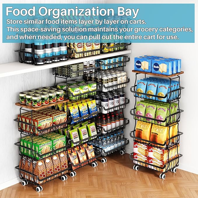 5 Tier Vegetable Fruit Basket for Kitchen, Stackable Metal Fruit and Vegetable Storage Baskets with Rolling Wheels Cart, Pantry organizers and storage for Kitchen Bathroom Livingroom Laundry room Cart
