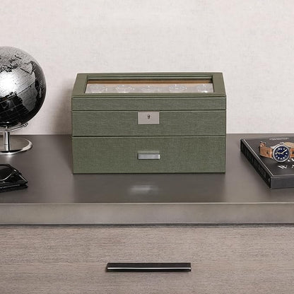 ROTHWELL 20 Slot Leather Watch box - Luxury Case Display Jewelry Organizer, - Locking Display Case Holder with Large Real Glass Top - Watch Box Organizer for Men and Women (Green/Tan)
