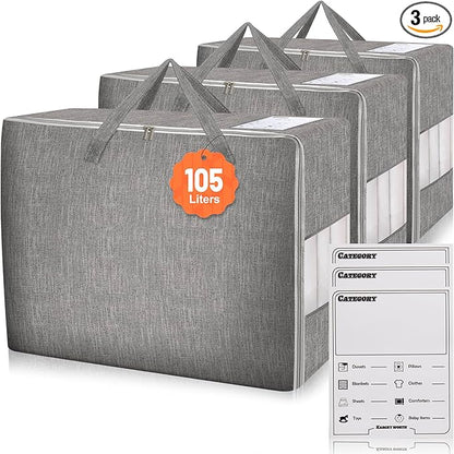 Karceyworth 3 Pack 105L Comforter Storage Bags, Extra Large Bedding Storage Bags with Card and Clear Window, Reinforced Handles & Zippers, Foldable Closet Organizers for Blanket Pillow Clothes