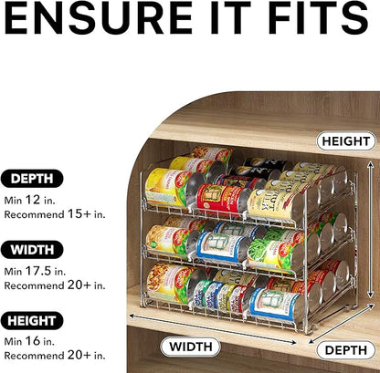 Simple Houseware Stackable Can Organizer Rack for Pantry/Cabinet – 11.5" D x 17" W x 13.75" H, Holds 36 Cans, 3-Tier Can Food Storage Dispenser, Chrome