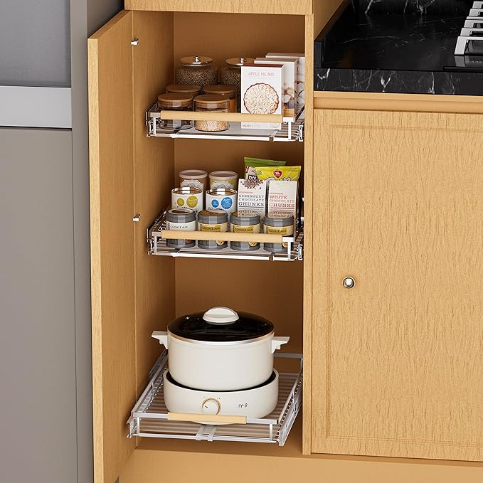 SANNO Pull Out Cabinet Organizer, Pantry Drawer Slide Out Basket Expandable Sliding Shelf Under Sink Shelf, Steel Metal cabinet drawers slide out, Chrome Finish, 23.1 to 39.9" W