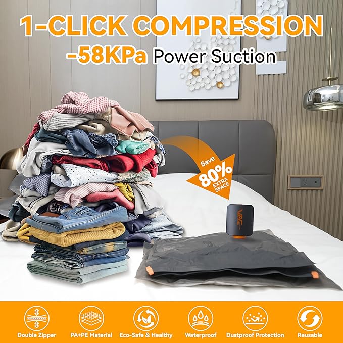 VACKFOX Rechargeable Wireless Pump Travel Storage Bags Set - 15 Pack Portable Space Saver Bags for Travel & Home - Vacuum Compression Packing Seal for Clothes, Blankets, Seasonal Storage