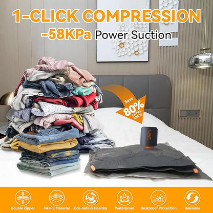 VACKFOX Rechargeable Wireless Pump Travel Storage Bags Set - 15 Pack Portable Space Saver Bags for Travel & Home - Vacuum Compression Packing Seal for Clothes, Blankets, Seasonal Storage