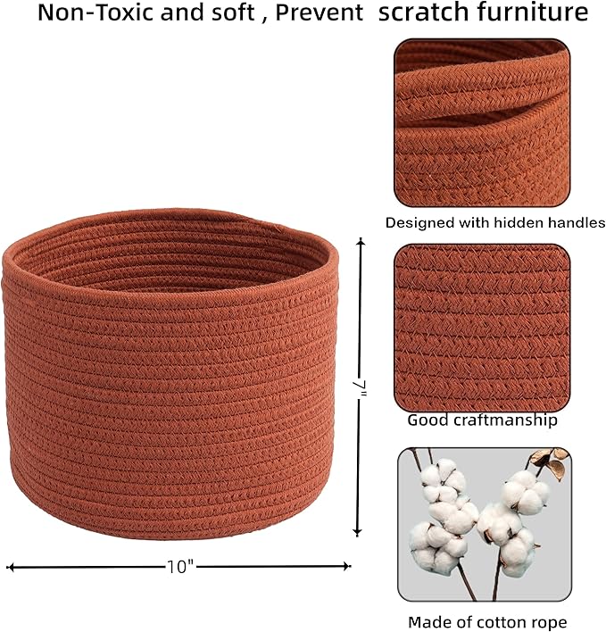 Woven Cotton Storage Baskets - 3-Pack Round Bins (10x10x7'') for Shelves, Closets & Bookcases | Durable Rope Organizers for Nursery, Baby, Toys, Easter & More (rustic)