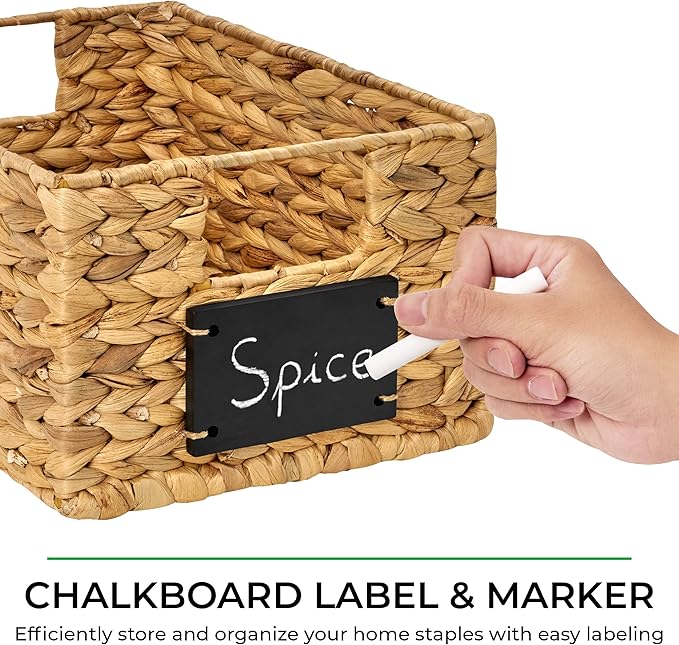 BARIEN 6 Pcs 12" x 9" x 6" Natural Water Hyacinth Woven Storage Baskets, Rectangular Wicker Basket with Built-in Handles, Woven Cube Storage Bin with Chalkboard Label Chalk Marker (Natural - Set of 6)