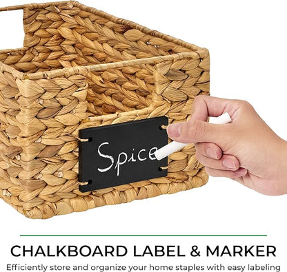 BARIEN 6 Pcs 12" x 9" x 6" Natural Water Hyacinth Woven Storage Baskets, Rectangular Wicker Basket with Built-in Handles, Woven Cube Storage Bin with Chalkboard Label Chalk Marker (Natural - Set of 6)