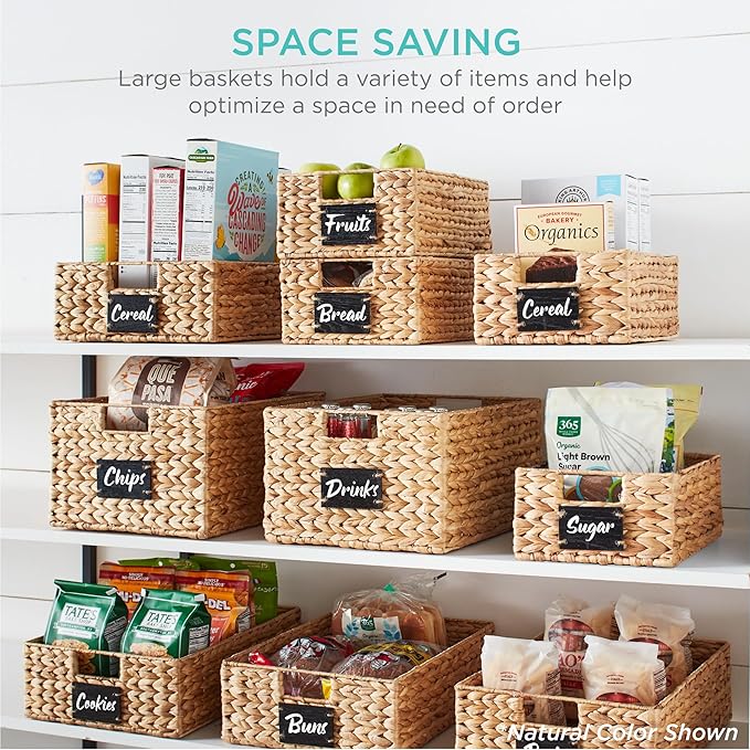 Best Choice Products Set of 4 16x12in Large Water Hyacinth Pantry Baskets, Woven Organizers w/Chalkboard Label, Chalk Marker - White