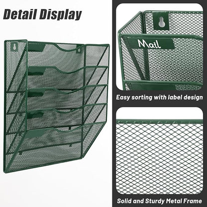 EASEPRES 5 Pocket Mesh Hanging File Organizer, Wall Mounted Mail Paper Document Folder Holder, Clipboard Storage Organization Magazine Rack with Nametag Label for Office Home School, Dark Green