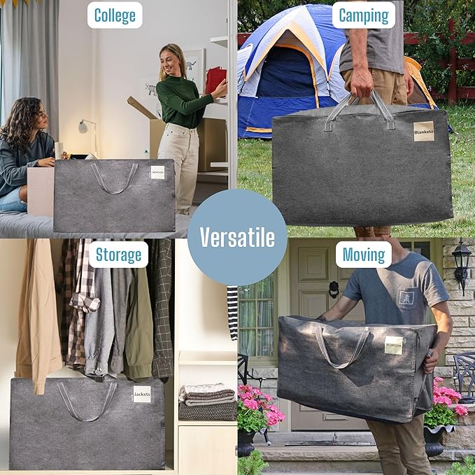 VENO 8 Pack Moving Bags, Moving Supplies, Moving Boxes, College Packing Storage Boxes with Lids Alternative, Heavy Duty Dorm Organizer Tote, Extra Large, Sturdy Handles, Zipper (Dark Gray, 8 Pack)
