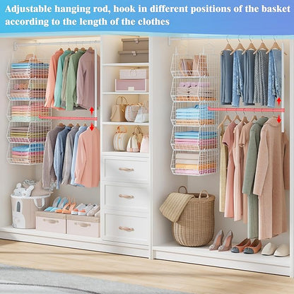 5 Tier Extended Depth Hanging Closet Organizer with Adjustable Width and Height Hanging Rod, Storage Shelves for Sweaters Towels Handbags, Stackable Metal Bins for Closet, Laundry, Dorm, White