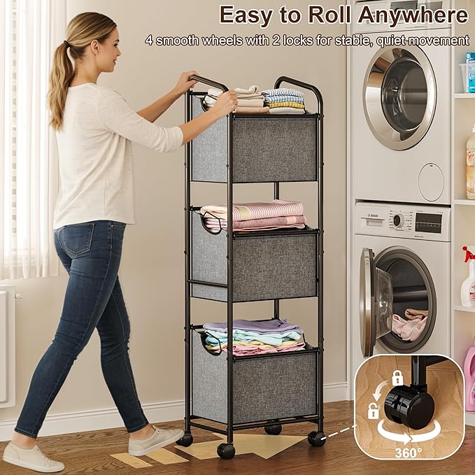 110L Vertical Rolling Laundry Basket Organizer with Wheel, 3-Tier Dirty Clothes Laundry Hamper, 3-Section Laundry Sorter Cart, Portable Laundry Baskets for Small Space, Dorm, Laundry, Closet, Bathroom