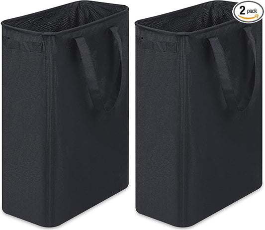 efluky Slim Laundry Basket, Narrow Laundry Hamper with Handles, Collapsible Dirty Clothes Hamper, Tall Laundry Bin for Laundry Room, Dorm and Bedroom, 12.7 Gallons(48L) Black (Pack of 2)
