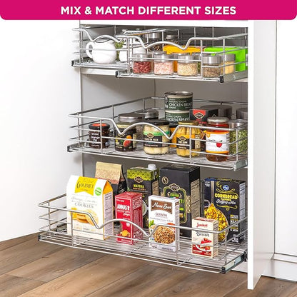 HOLDN’ STORAGE Heavy-Duty Premium Collection Pull Out Cabinet Organizer, Cabinet Drawer Slide Outs, Lifetime Limited Warranty - Basket Size 14" W x 21" D x 5" H, Anti-Rust Chrome Finish