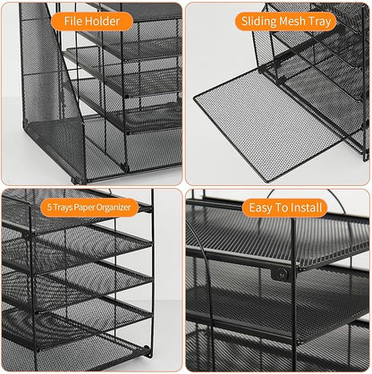 Desk Organizers and Accessories, 5-Tier Paper Letter Tray Organizer with File Holder, Desktop Organizer for Office Supplies (Black)