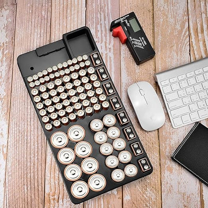 Battery Organizer Storage Case, Stores & Protects Up to 110 Batteries, Holds AAA AA C D 9V Button Cell, Compact Design with Lid for Home & Garage, with Battery Tester (Holds 110 Batteries)