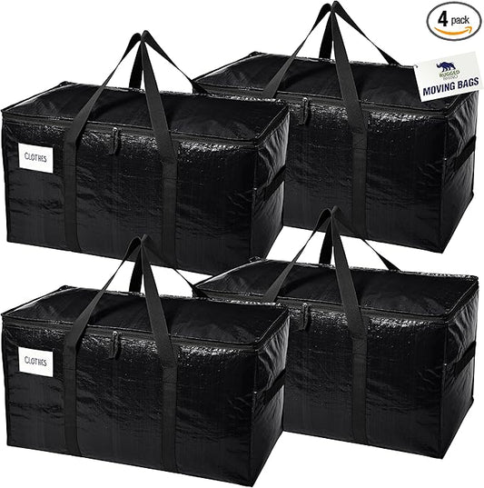 RUGGED RHINO 4 Pack Heavy Duty Extra Large Moving Bags, Durable Bag with Strong Handles and Zipper, Moving Boxes Alternative for College Packing, Holiday Décor, Space Saving Storage with Label, Black
