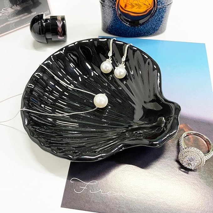 GO2HEJING Shell Shape Ring Holder Dish, Seashell Jewelry Dish Tray, Ceramic Trinket Tray for Rings Earrings Necklaces Bracelet, Birthday Mother's Day Christmas Gift for Mom Friend Sister, 3.9", Black