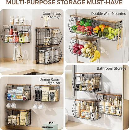 Delamu Stackable Metal Fruit Basket with Wood Lid 3 Pack, Hanging Wall Organizer for Kitchen Counter, Pantry Storage for Onions, Potatoes, Garli, Fruits, Spices, Black