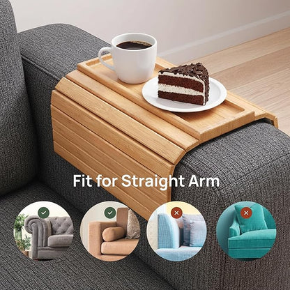 Bamboo Sofa Arm Tray – Flexible Couch Armrest Table with Non-Slip Drink Holder, Fits Straight Arm Sofas, No Assembly Required