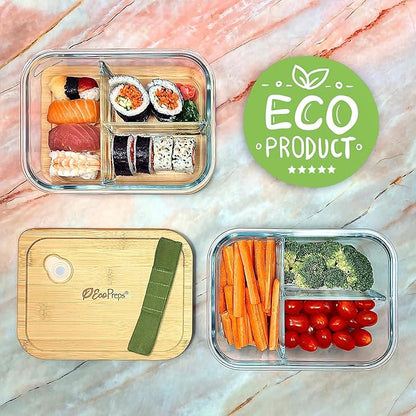 EcoPreps Large Glass Bento Box Containers with Bamboo Lids, 3 Compartment Glass Meal Prep Container Set (2 Pack, XL) - 100% Plastic Free, Eco-Friendly Lunch Containers, Bento Boxes for Adults